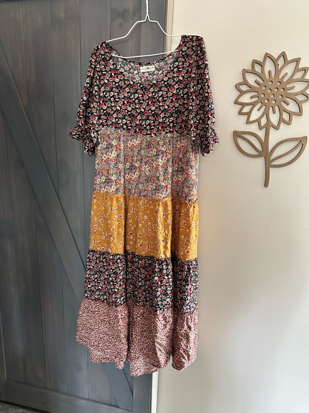 NATURAL LIFE Mixed Floral Tiered Maxi Dress in Black and Mustard